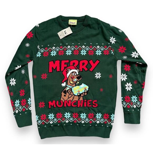 NWT Scooby Doo Mens Knitted Christmas Munchies Pullover Green Acrylic Sweater S - Picture 1 of 12